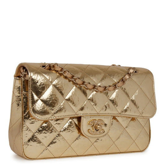 Chanel Small Classic Double Flap Hammered Gold Metallic Calfskin Gold Hardware Rovelle Bags