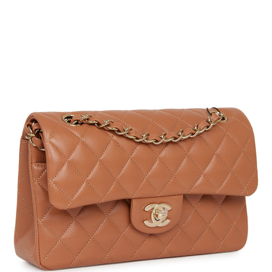 Chanel Small Classic Double Flap Bag Caramel Lambskin Light Gold Hardware Rovelle Bags