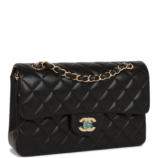 Chanel Small Classic Double Flap Black Lambskin Light Gold Hardware Rovelle Bags