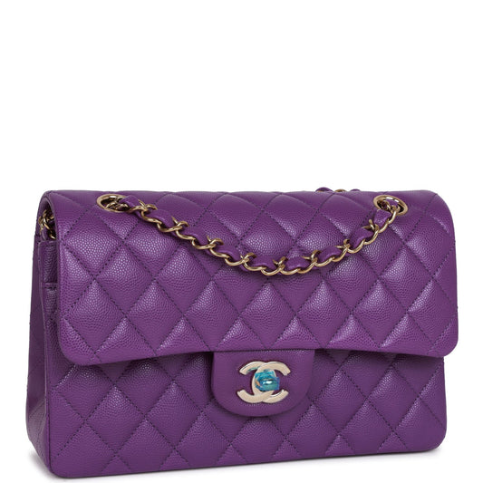 Chanel Small Classic Double Flap Purple Caviar Light Gold Hardware Rovelle Bags