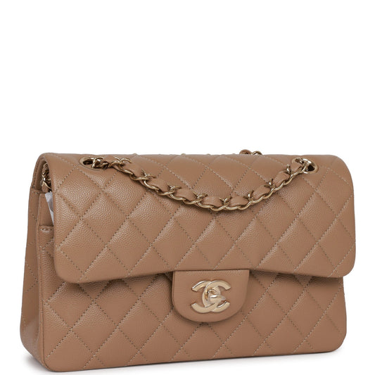 Chanel Small Classic Double Flap Dark Beige Caviar Light Gold Hardware Rovelle Bags
