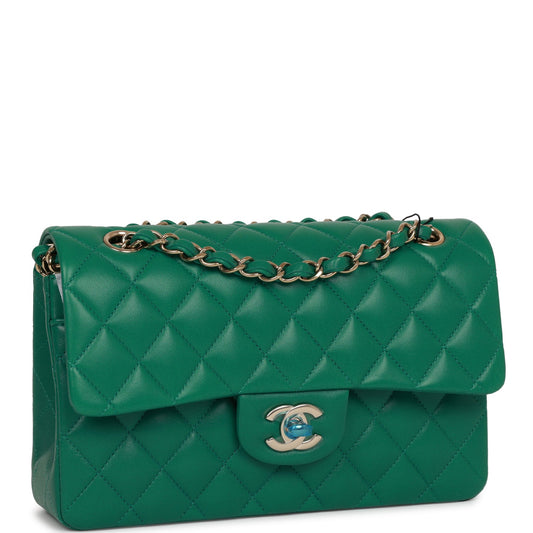 Chanel Small Classic Double Flap Bag Green Lambskin Light Gold Hardware Rovelle Bags