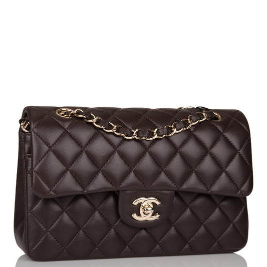 Chanel Small Classic Double Flap Bag Dark Brown Lambskin Light Gold Hardware Rovelle Bags