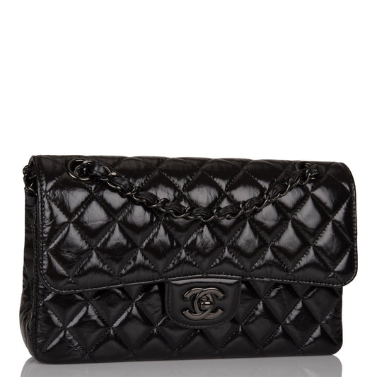 Chanel Small Classic Double Flap Shiny So Black Crumpled Calfskin Black Hardware Rovelle Bags