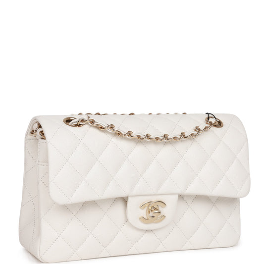Chanel Small Classic Double Flap White Caviar Light Gold Hardware Rovelle Bags