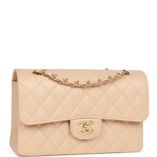 Chanel Small Classic Double Flap Beige Caviar Light Gold Hardware Rovelle Bags