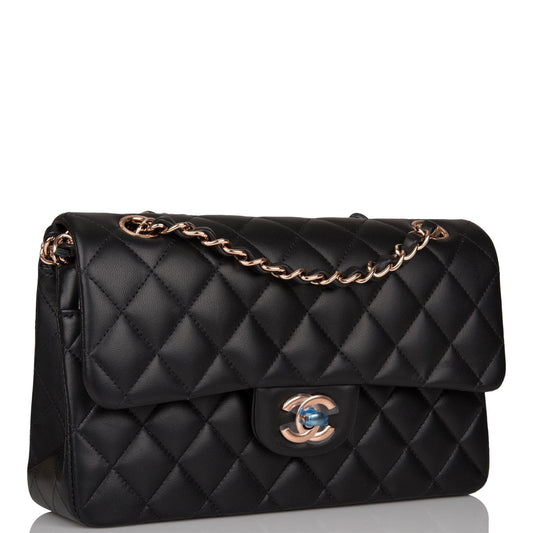 Chanel Small Classic Double Flap Bag Black Lambskin Rose Gold Hardware Rovelle Bags