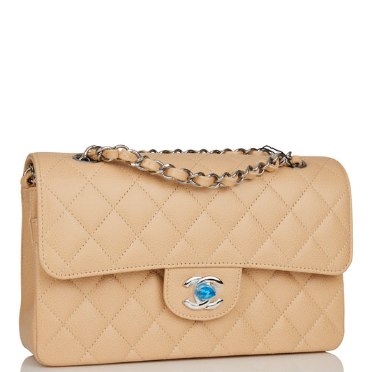 Chanel Small Classic Double Flap Bag Beige Caviar Silver Hardware Rovelle Bags