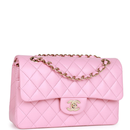 Chanel Small Classic Double Flap Pink Lambskin Light Gold Hardware Rovelle Bags