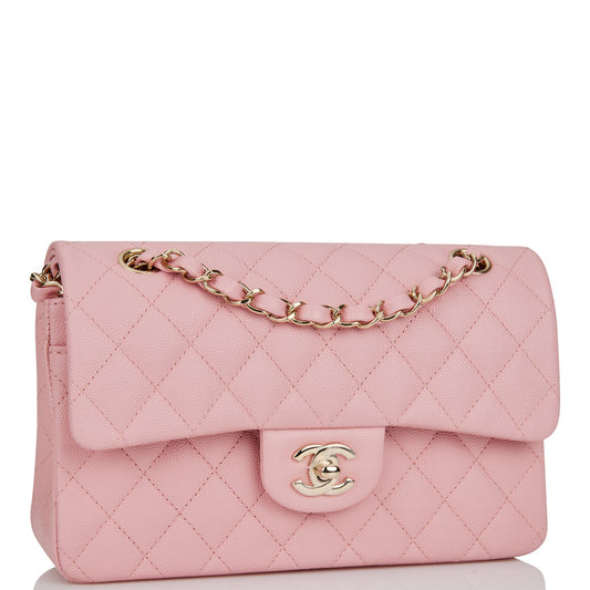 Chanel Small Classic Double Flap Pink Caviar Light Gold Hardware Rovelle Bags