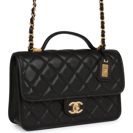 Chanel School Memory Top Handle Flap Bag Black Caviar Antique Gold Hardware Rovelle Bags