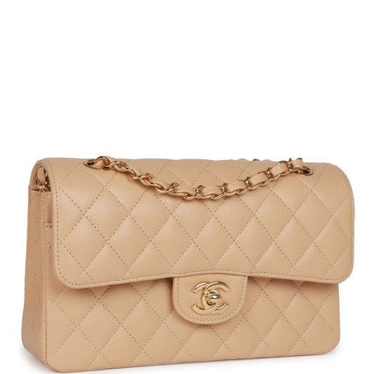 Chanel Small Classic Double Flap Bag Beige Caviar Gold Hardware Rovelle Bags