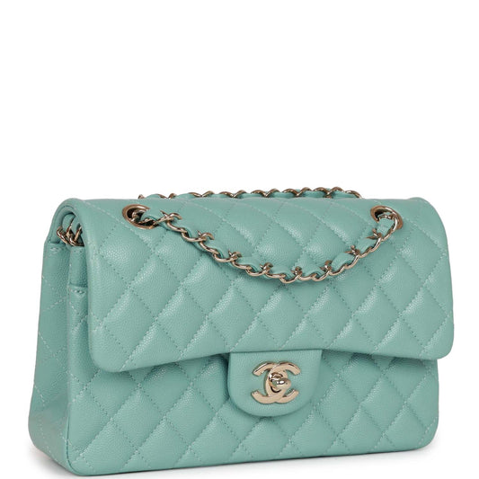 Chanel Small Classic Double Flap Bag Tiffany Blue Caviar Light Gold Hardware Rovelle Bags