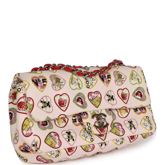 Chanel Small Classic Coco Heart Motif Flap Bag Multicolor Canvas Silver Hardware Rovelle Bags