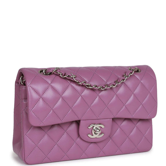 Chanel Small Classic Double Flap Bag Purple Lambskin Silver Hardware Rovelle Bags