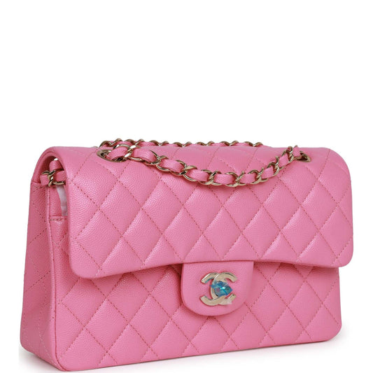 Chanel Small Classic Double Flap Bag Pink Caviar Light Gold Hardware Rovelle Bags