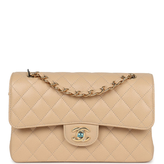 Chanel Small Classic Double Flap Bag Beige Caviar Gold Hardware Rovelle Bags