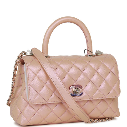 Chanel Small Coco Handle Flap Bag Pink Iridescent Caviar Silver Hardware Rovelle Bags