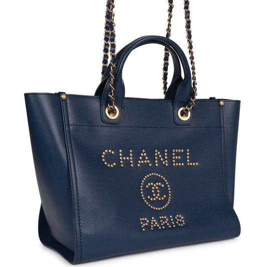 Chanel Small Deauville Shopping Bag Blue Caviar Antique Gold Hardware Rovelle Bags