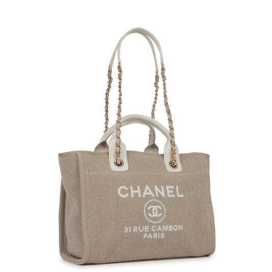 Chanel Small Deauville Shopping Bag White And Beige Boucle Light Gold Hardware Rovelle Bags