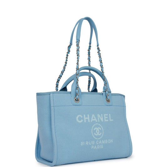 Chanel Small Deauville Shopping Bag Blue Boucle Silver Hardware Rovelle Bags