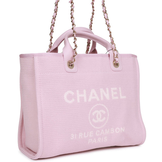 Chanel Small Deauville Shopping Bag Pink Boucle Light Gold Hardware Rovelle Bags