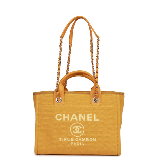 Chanel Small Deauville Shopping Bag Dark Yellow Boucle Light Gold Hardware Rovelle Bags