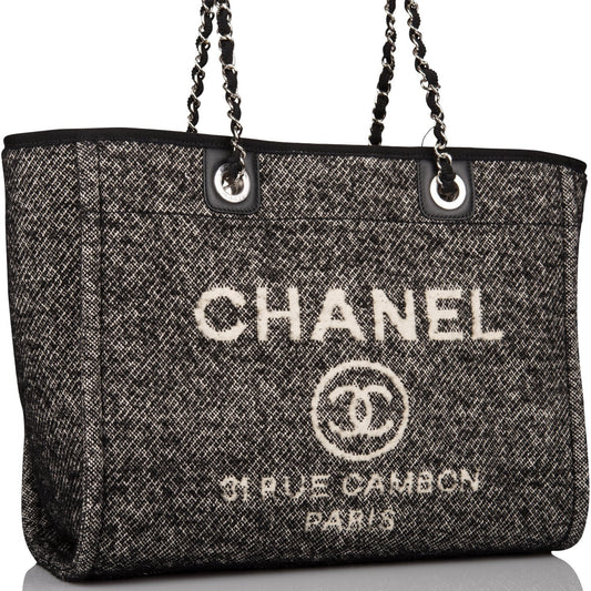 Chanel Small Deauville Shopping Bag Black Wool Silver Hardware Rovelle Bags