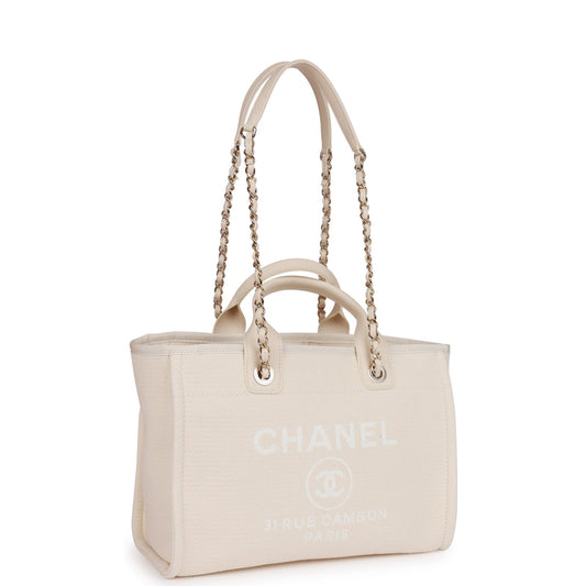 Chanel Small Deauville Shopping Bag White Boucle Light Gold Hardware Rovelle Bags