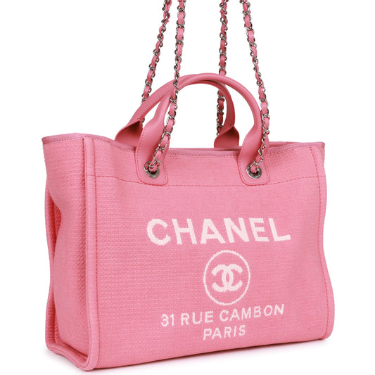 Chanel Small Deauville Shopping Bag Pink Boucle Silver Hardware Rovelle Bags