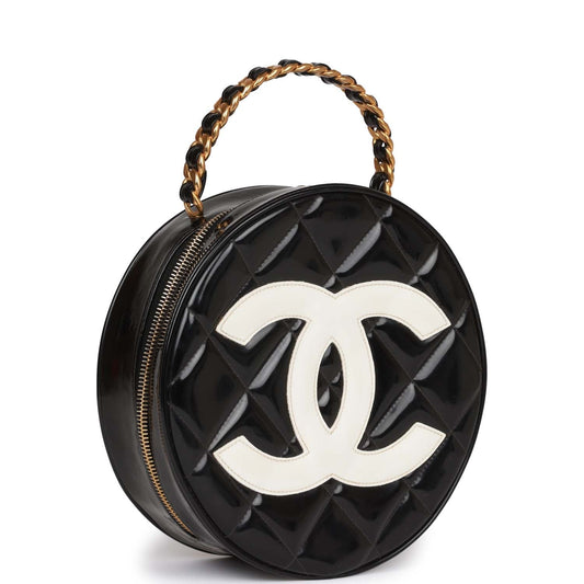 Chanel Round Vanity Bag Black And White Patent Leather Antique Gold Hardware Rovelle Bags