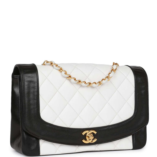 Chanel Medium Diana Flap Bag White And Black Lambskin Gold Hardware Rovelle Bags