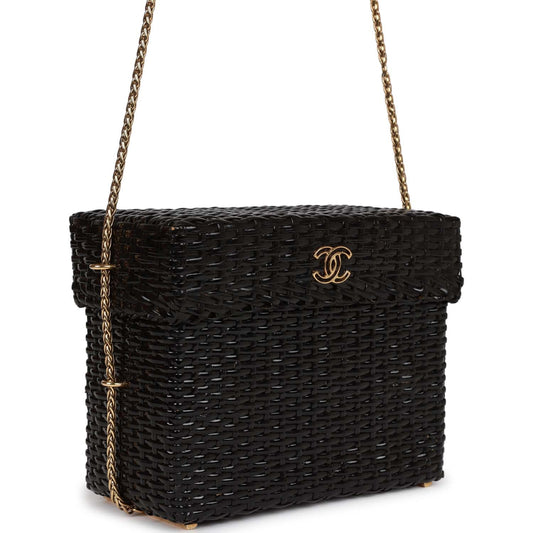 Chanel Wicker Picnic Basket Bag Black Gold Hardware Rovelle Bags