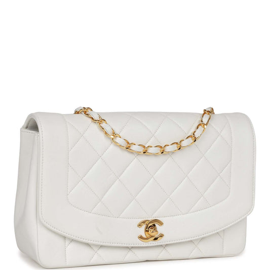 Chanel Medium Diana Flap Bag White Lambskin Gold Hardware Rovelle Bags