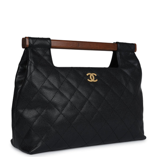 Chanel Wood Top Handle Bag Black Caviar Gold Hardware Rovelle Bags