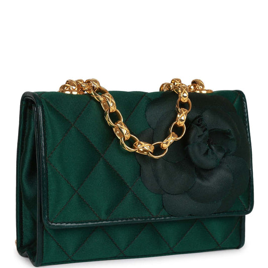 Chanel Mini Camellia Flap Bag Green Satin Gold Hardware Rovelle Bags