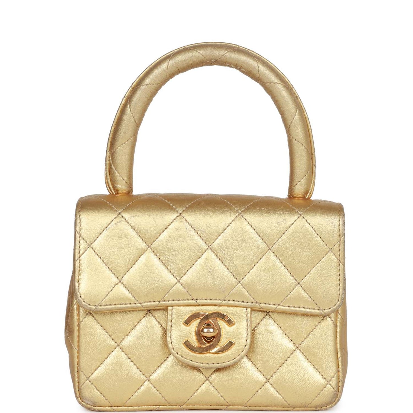 Chanel Mini Top Handle Kelly Child Flap Bag Gold Metallic Lambskin Gold Hardware Rovelle Bags