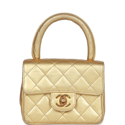 Chanel Mini Top Handle Kelly Child Flap Bag Gold Metallic Lambskin Gold Hardware Rovelle Bags