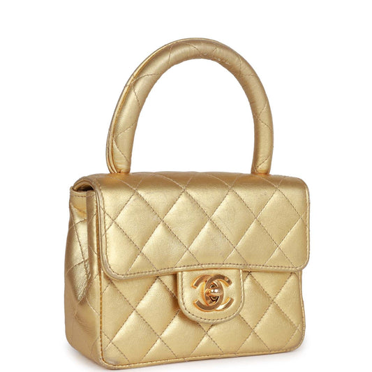Chanel Mini Top Handle Kelly Child Flap Bag Gold Metallic Lambskin Gold Hardware Rovelle Bags