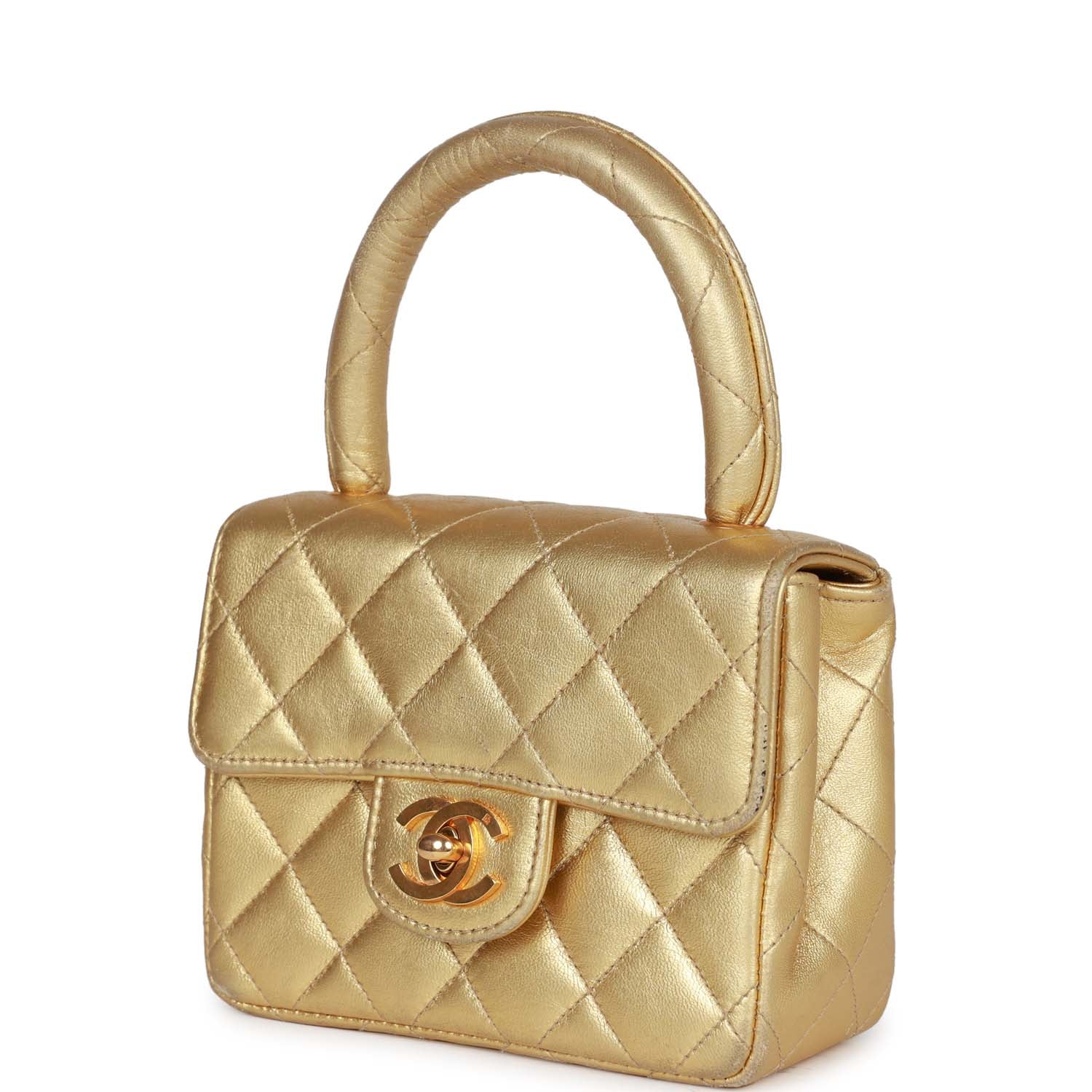 Chanel Mini Top Handle Kelly Child Flap Bag Gold Metallic Lambskin Gold Hardware Rovelle Bags