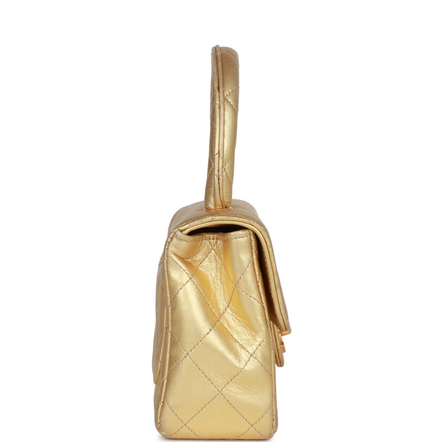 Chanel Mini Top Handle Kelly Child Flap Bag Gold Metallic Lambskin Gold Hardware Rovelle Bags