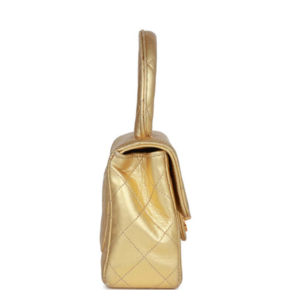 Chanel Mini Top Handle Kelly Child Flap Bag Gold Metallic Lambskin Gold Hardware Rovelle Bags