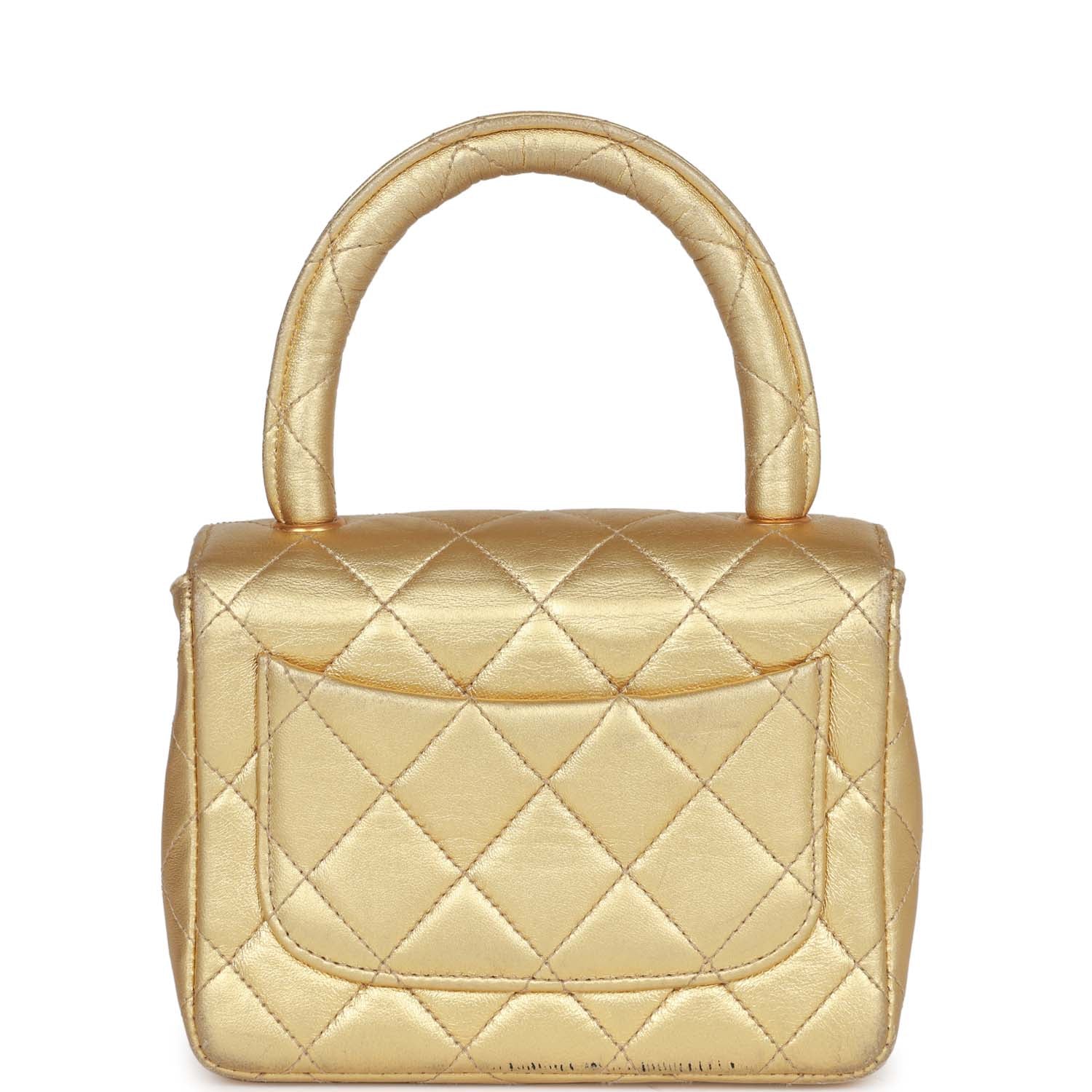 Chanel Mini Top Handle Kelly Child Flap Bag Gold Metallic Lambskin Gold Hardware Rovelle Bags