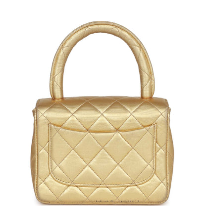 Chanel Mini Top Handle Kelly Child Flap Bag Gold Metallic Lambskin Gold Hardware Rovelle Bags