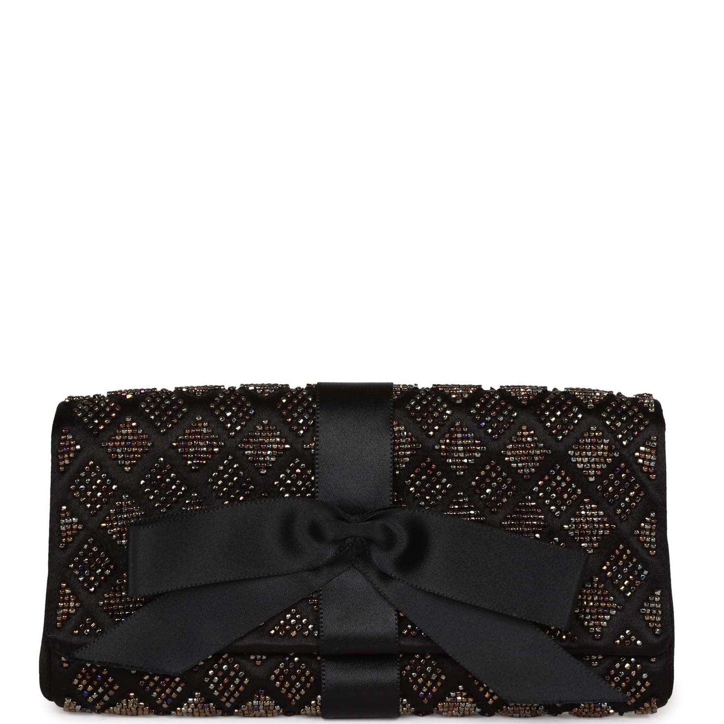 Chanel Bead Embellished Bow Flap Clutch Black Satin Rovelle Bags