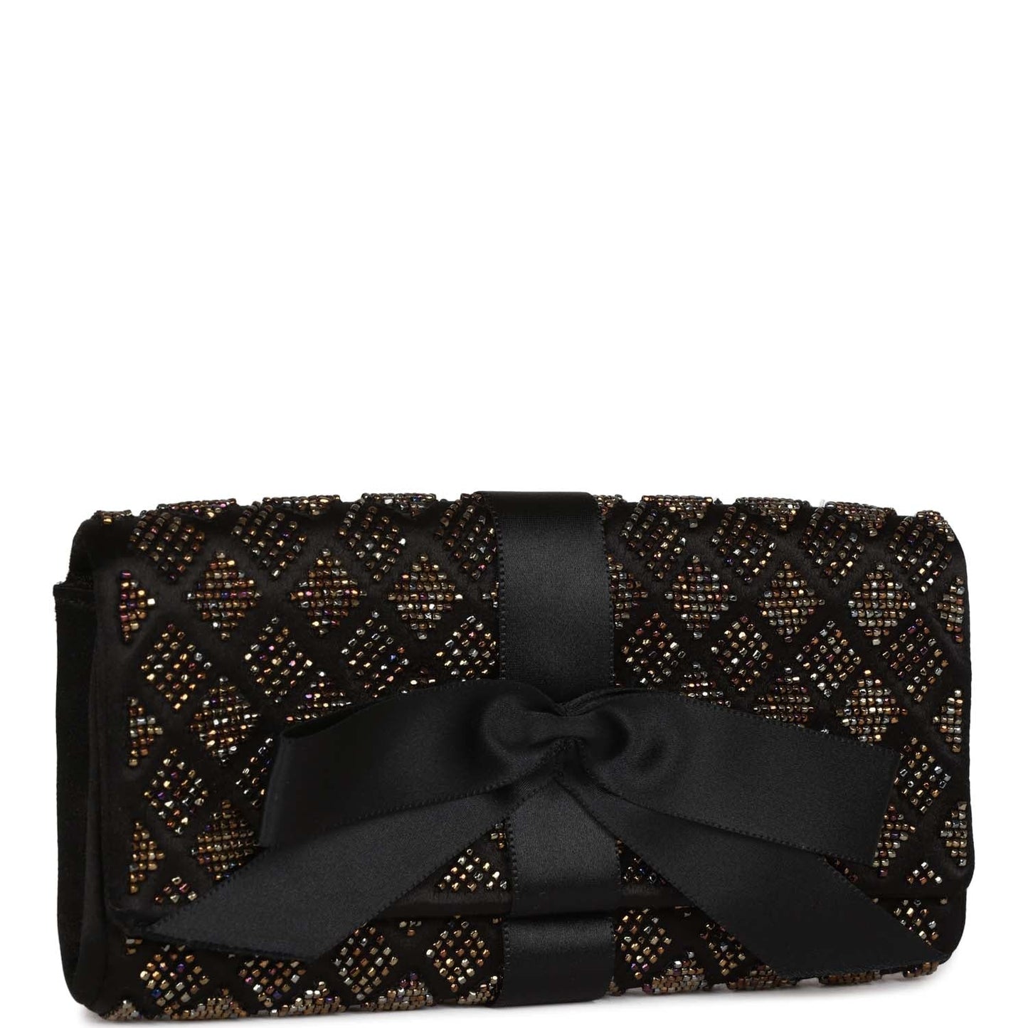 Chanel Bead Embellished Bow Flap Clutch Black Satin Rovelle Bags