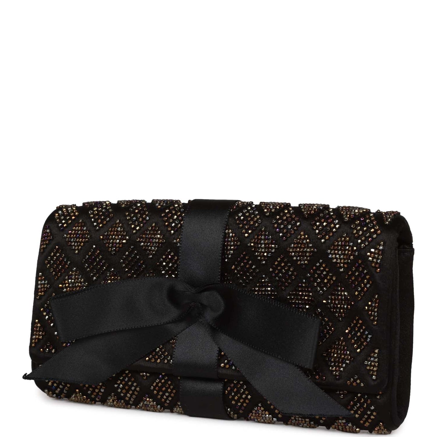 Chanel Bead Embellished Bow Flap Clutch Black Satin Rovelle Bags