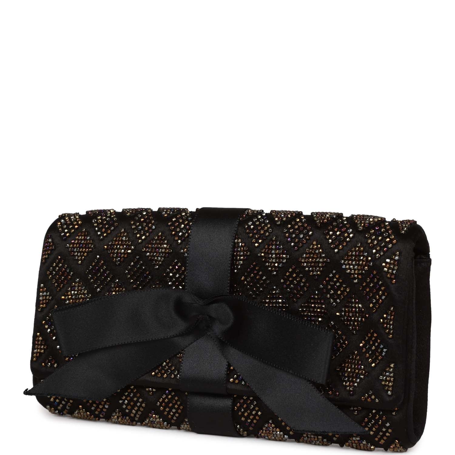 Chanel Bead Embellished Bow Flap Clutch Black Satin Rovelle Bags