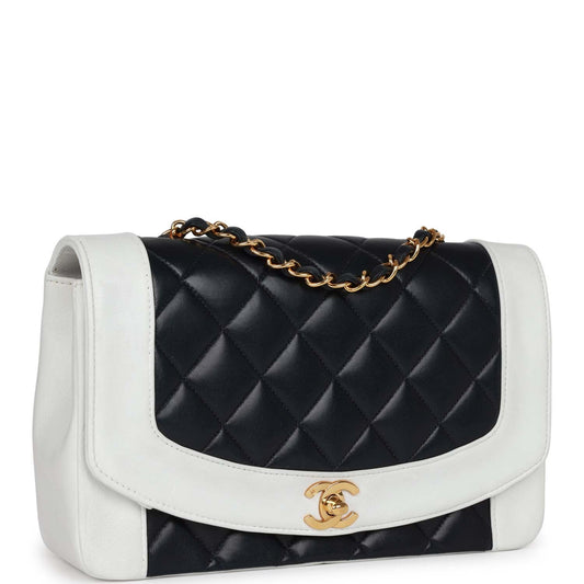 Chanel Small Diana Flap Bag White And Navy Lambskin Gold Hardware Rovelle Bags