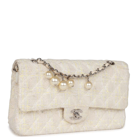 Chanel Medium Double Flap Bag White Tweed Silver Hardware Rovelle Bags